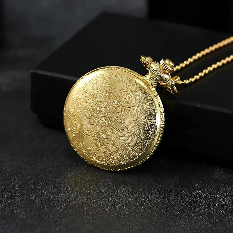 DEYROS Adults Quartz Analog Display Abrasion-Resistant Glass Face Gold-Bronze Round Shaped Metal Case Necklace Ball Chain-Pocket Watches