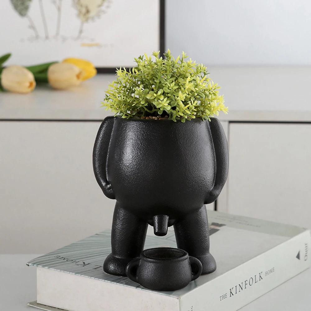 No-EN-Name-Null Small Modern Cute Cartoon Ceramic White Spoof Peeing In A Clay Pot With Two Handles Wear Resistant Desktop Flowerpots Planters /Colors-White/Black/Green/Multicolor