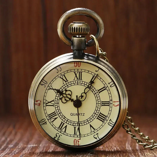 No-EN-Name-Null Antique Grey Quartz Bronze Round Roman Numeral Analog Display Glass Face Metal Alloy Case Necklace Chain-Pocket Watches