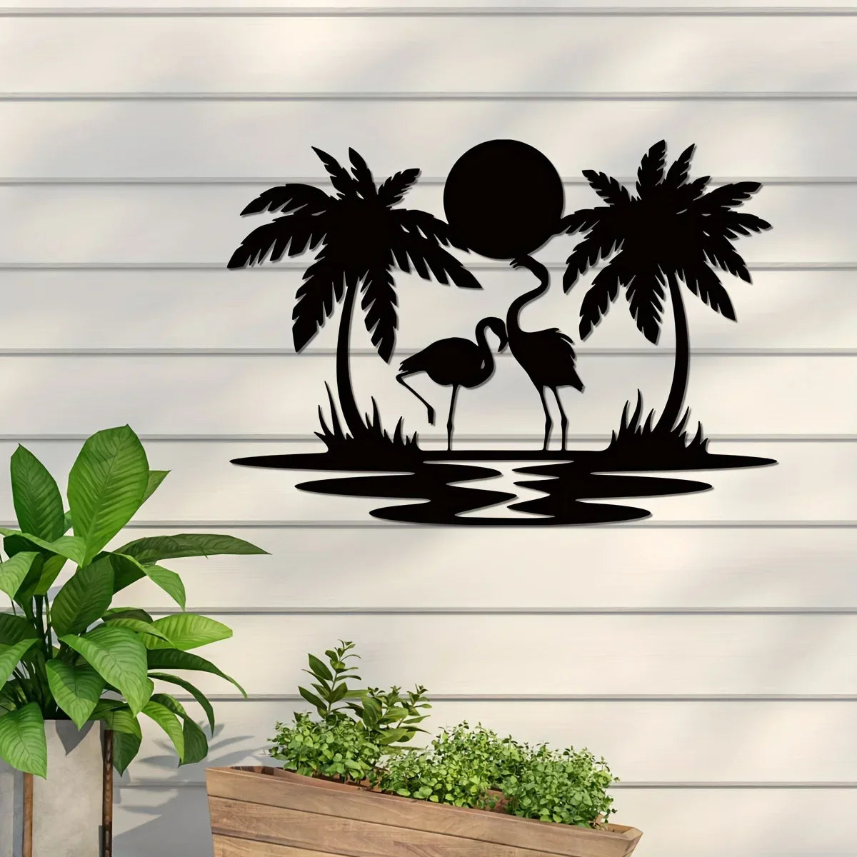 HELLOYOUNG Black Iron Metal Nature Palm Tree-Two Flamingo-Sunset On Water Design Wall Art Novelty Signs/Size: Length 21 cm/8.3 inches/Wide 30 cm /11.81 inches/Colors-Black/Multicolor