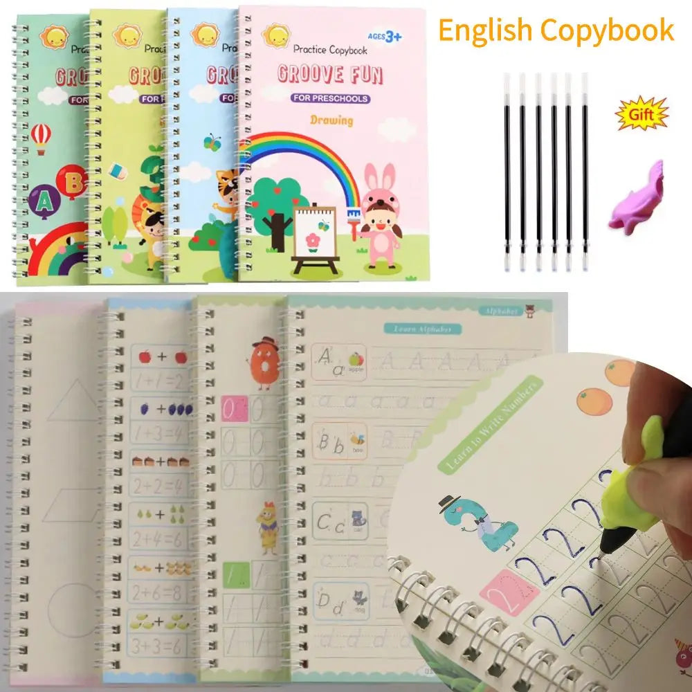 No-EN-Name-Null Kids 4 PCS English Groove Magic Practice Writing Letters-Numbers White Thick Cardboard Multicolor Paperback Copybooks Reading Toys /Ages: 1-14  Years Old-Older /Pens/Pen Grip
