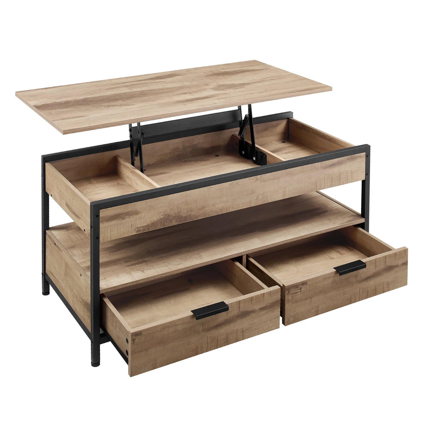 VASAGLE Lift Top Black Metal Frame Coffee Table/2 Storage Drawers/Hidden Compartments/Open Shelves/Colors-Black/Beige/Brown