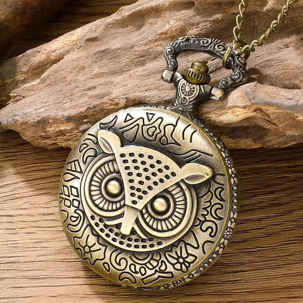 No-EN-Name-Null Adults Waterproof Antique Quartz Glass Face Bronze Round Shaped Metal Alloy Case Analog Display Cute Cartoon Night Owl Head Chain-Pocket Watches