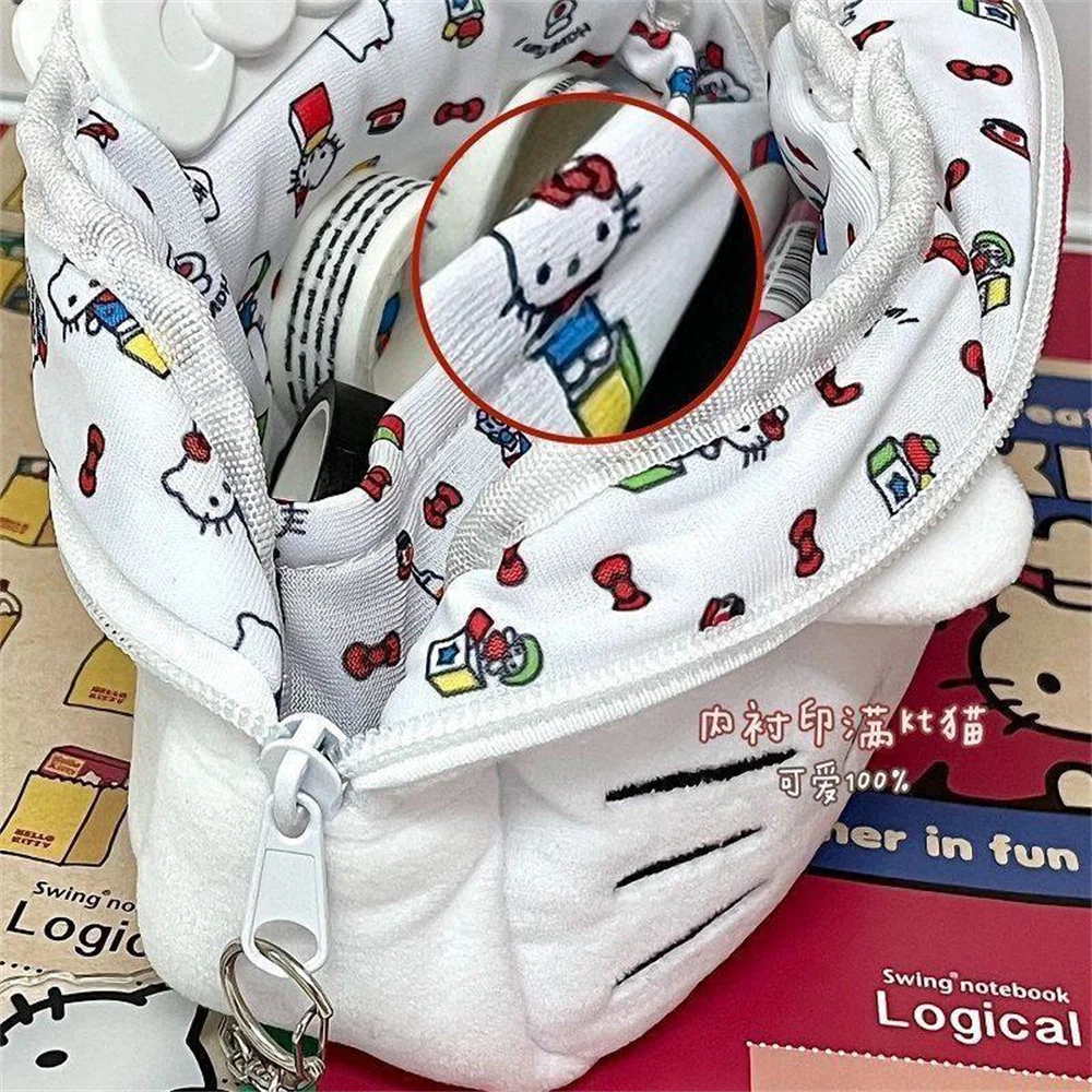 MINISO Lightweight Single Compartment Easy To Install Handle Sanrio Soft Plush White Flannel Fabric Hello Kitty Animal Design Zippered Polyester Lining Make-Up Bags/Colors-Animal/Black/Ivory/White