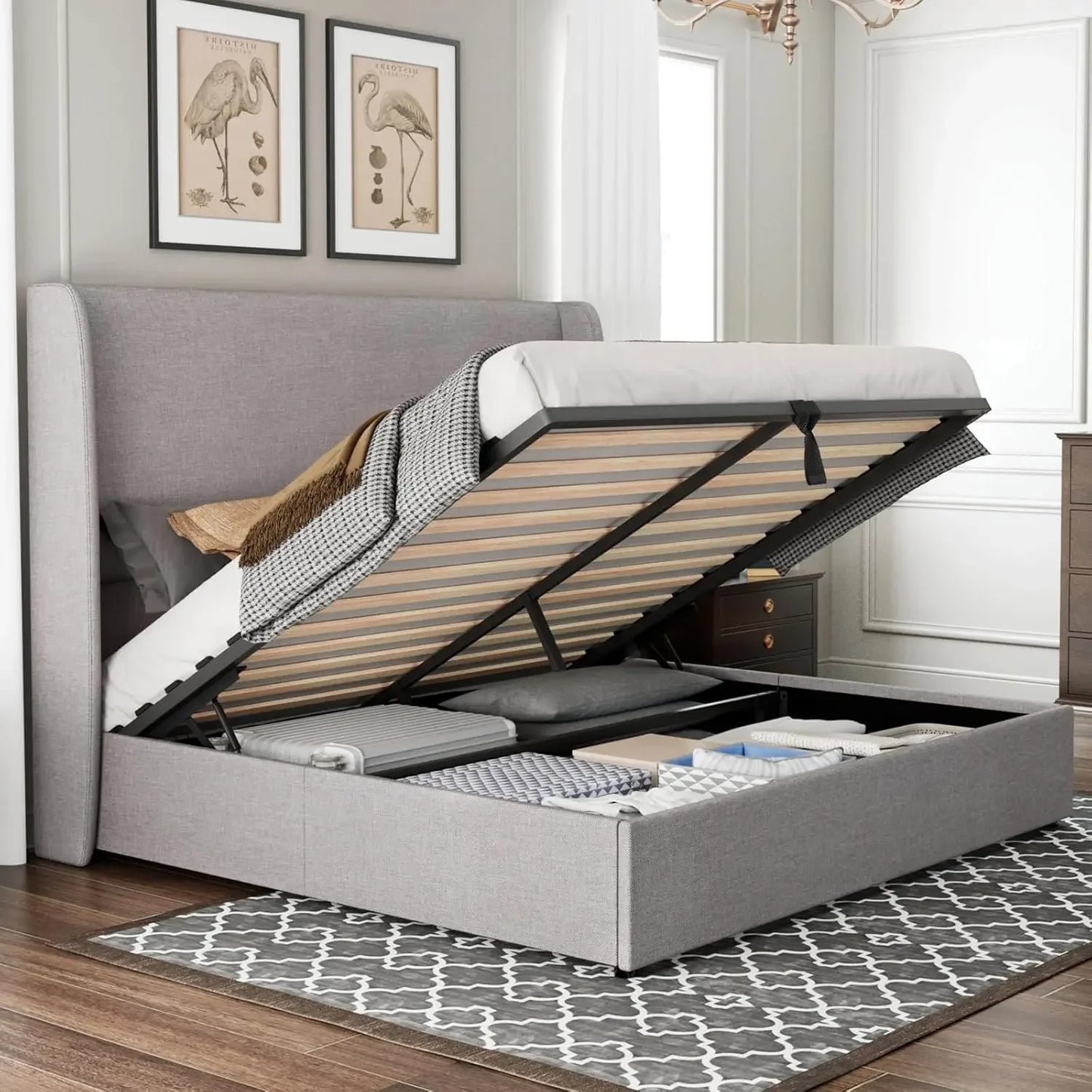ANGDUO Modern Lift Up Upholstered High Wingback Linen Fabric Headboard Metal Frame King Size Platform Beds/Large Hydraulic Storage/No Box Spring Needed/ Dimensions: 84.25"L x 80.51"W x 51.18"H/Colors-White/Beige/Gray