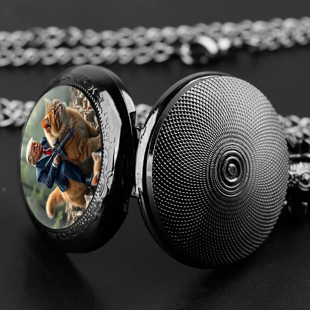 No-EN-Name-Null Adults Antique Quartz Analog Display Acrylic Face Black Metal Alloy Case Humorous Funny Trump Riding Red Tabby Cat-Holding A Automatic Weapon Design Glass Dome Cover The Durable Chain-Pocket Watches/Colors-Gold/Silver/Black/Bronze
