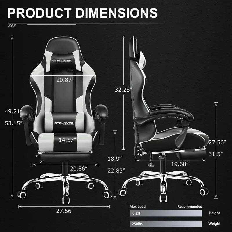 XMSJ Ergonomic Upholstered Padded Black Faux Leather Adjustable Headrest Neck-Back Massaging Lumbar Support Metal Frame Gaming Chairs/5 Plastic Wheels/Colors-Black/Purple/Gray/White/Multicolor
