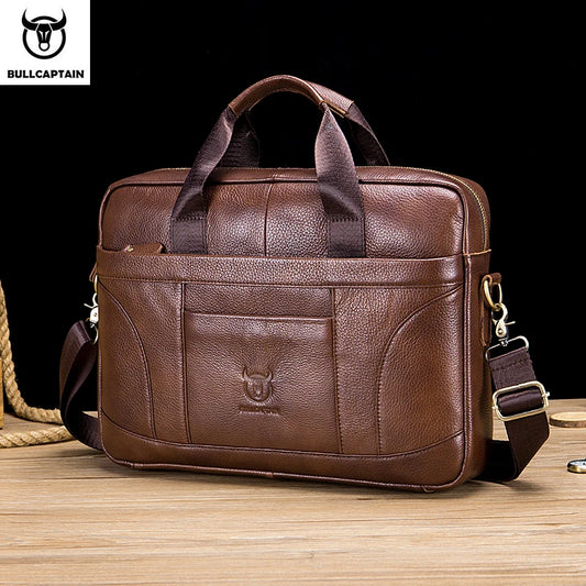 BULLCAPTAIN Cow Leather Shoulder Zipper Briefcase Bags/External Slit Pockets//14 inch Laptop Compartment /Detachable Handle/Straps/Colors-Black/Brown