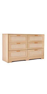 No-EN-Name-Null  Modern Countryside Brown Rectangle Waterproof Scratch-Resistant Six Drawers Decorative Gold Handles Integrated Table Legs Rattan Wicker MDF Wood Dressers/Colors-Red/Beige/Brown/White/Size: 39.37X15.75X30.37inch