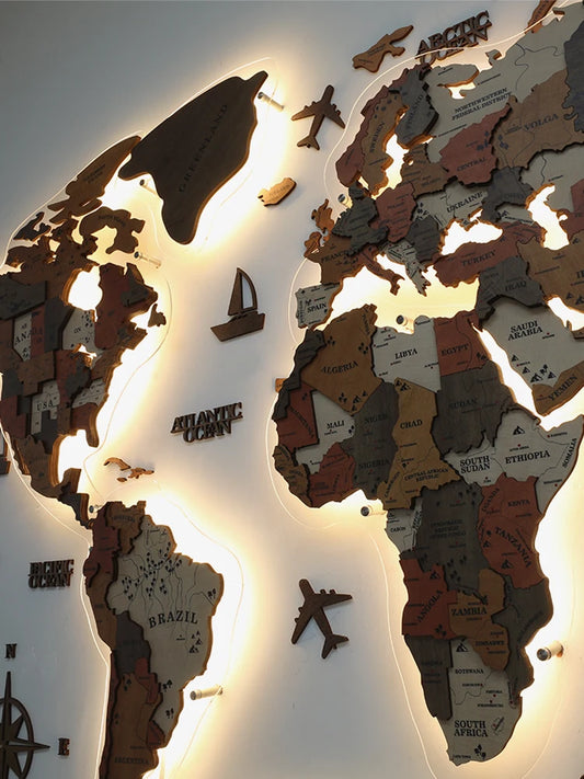 World Light Emitting Map Solid Wood Stereoscopic Wall Decoration/Colors-Brown/Blue/Beige/Black