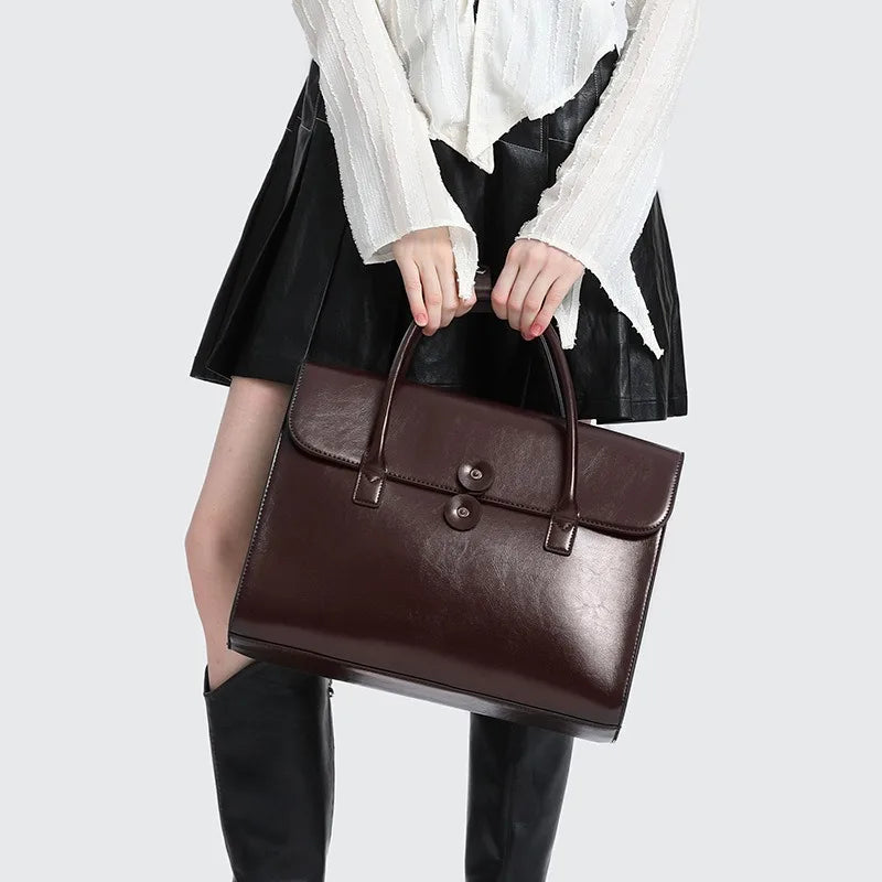 RTRS Women Genuine Brown-Black Cow Leather Built-In 14 Inch Laptop Compartment Internal Padding Hasp Closure Soft Two Carry Handles-Strap Polyester Lining Rectangle Briefcase Handbags/Protective Sleeves Inside/Suitable For 14 Inch Laptop