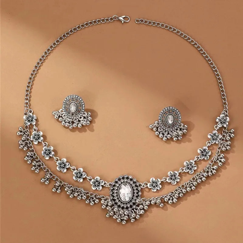 No-EN-Name-Null Women Imitation Geometric Ethnic Small Crystal Beads Decorative Floral Metal Alloy Necklace-Earrings Jewelry Set/Colors-Gold/Silver/Floral/Geometric