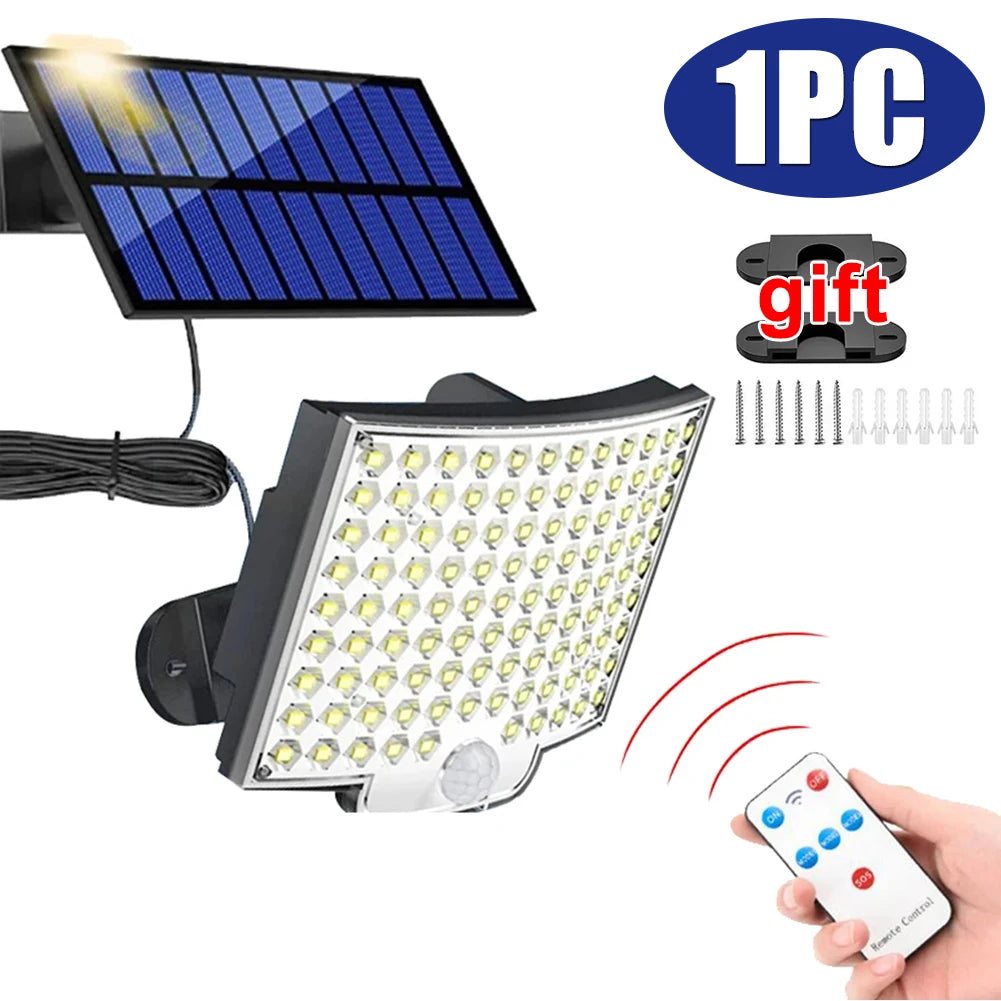 Outdoor Modern Remote Control Weatherproof Durable Plastic Rectangle Black-White Body Dimmable Super Bright 106 LED Adjustable Four-Modes Solar-Powered Split Waterproof Emergency Motion Sensor Wall-Mounted Security Lights