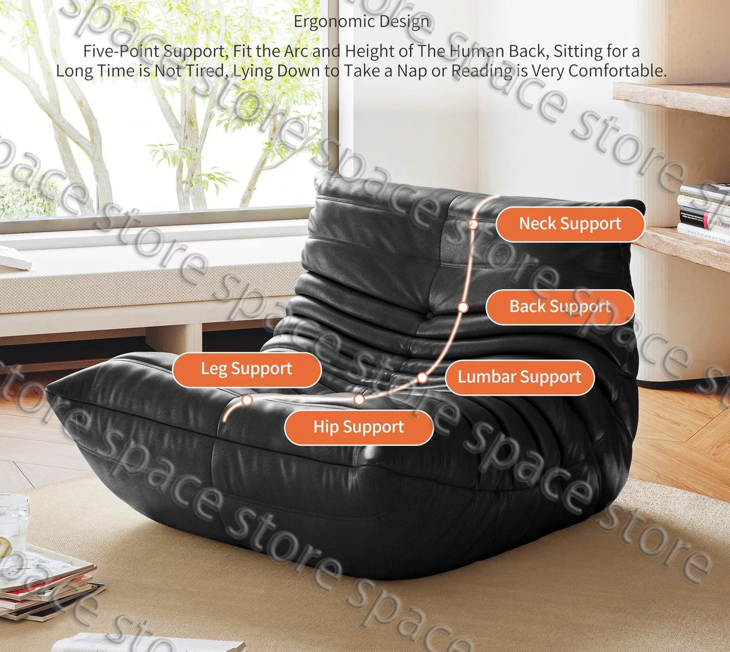 No-EN-Name-Null Modern Armless Soft Plush Orange Upholstered Padded Faux Synthetic Leather Fabric Cushions Caterpillar Bean Bag Chairs/Colors-Orange/White/Black/Blue/Pink/Gray
