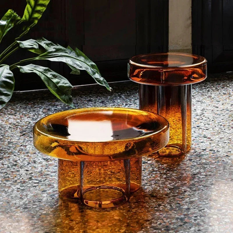 No-EN-Name-Null Modern Non-Toxic Tasteless Petal Side Green-Amber Round Shaped Transparent Blown Glass Corner Coffee Tables