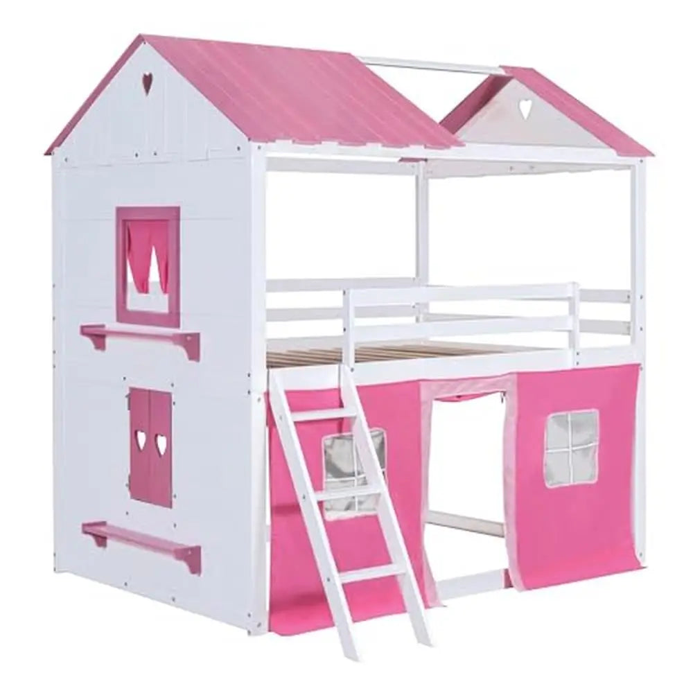 DUTRIEUX Kids Small Modern Painted Pine Wood Pink-White Playhouse Shaped Twin Bunk Loft Beds-Metal Bed Frames / Tent Ladder/Guardrails/4-Play Windows/Slats Included