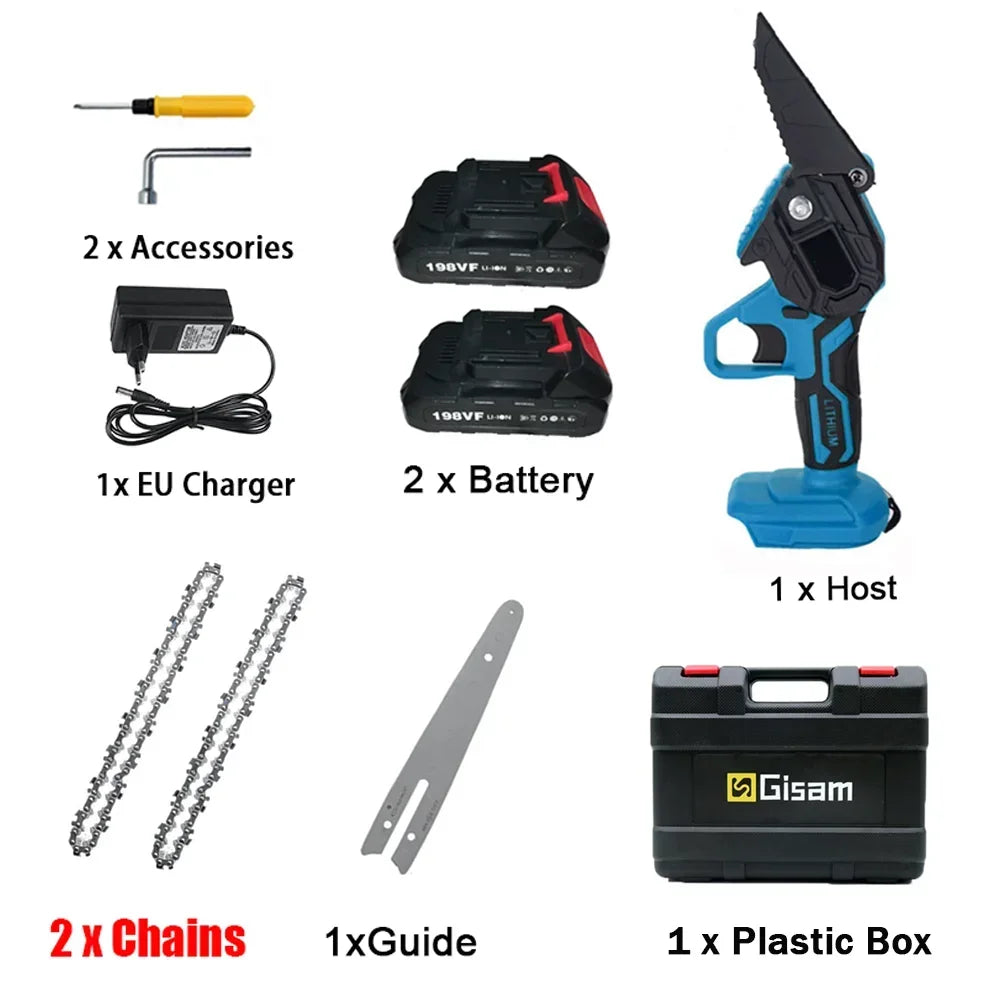 No-EN-Name-Null Outdoor ABS Plastic Red-Black Body Non-Slip Soft Rubber Handle Rechargeable Battery-Powered Wood-Cutting Cordless Electric Mini Handheld Metal Chainsaws/Colors-Red/Blue/Black/Gray/Multicolor