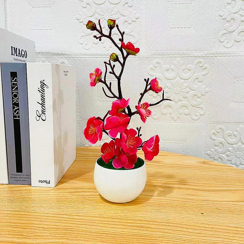 Small Plastic Artificial Realistic Red Bonsai Rosales Flowering Plum Blossom Potted Plants