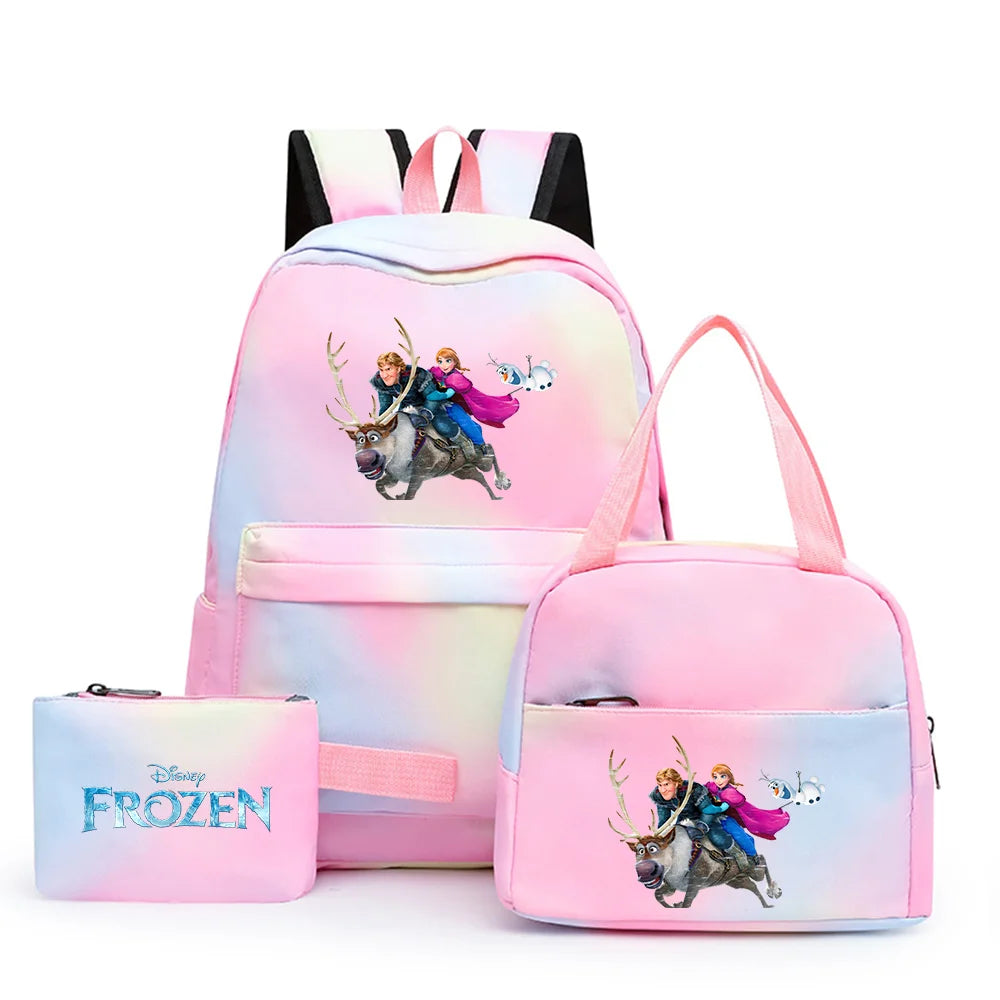 Disney Kids Cute Cartoon Frozen Movie-Elsa-Anna Multicolor Large Waterproof Nylon Fabric Zipper Pockets Shoulder Straps-Handle Single Compartment School Backpacks Sets/ Lunch Bag/Pencil Bag/Colors-Pink/Blue/Multicolor