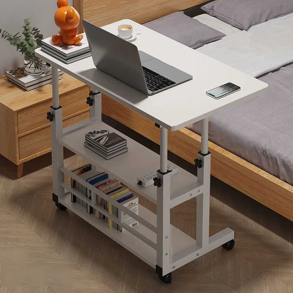 No-EN-Name-Null Modern Adjustable Height Wood Panel High-Gloss Smooth Finish Rectangle Shaped Top Welded Metal Frame Retractable Two Shelves Layers Mobile Bedside Computer Desks/4 Wheels