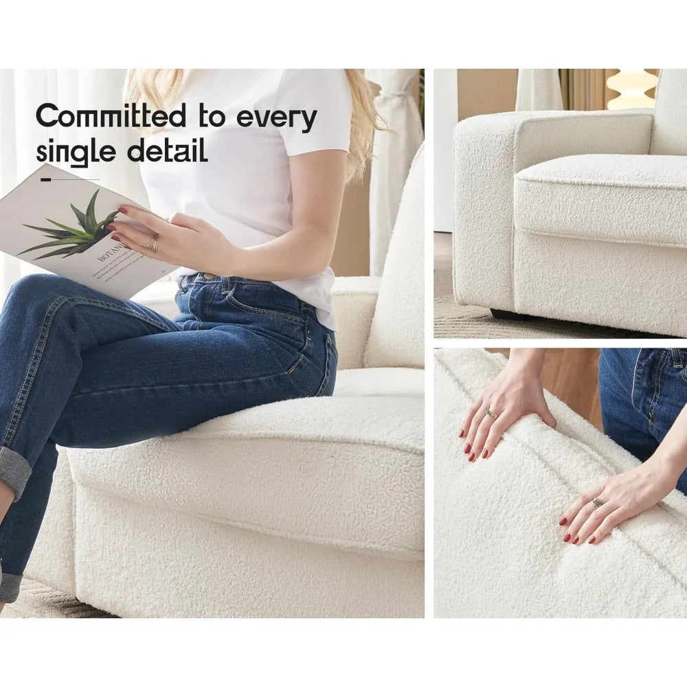 NULL Modern Large Upholstered Off White Soft Plush Breathable Boucle Fabric Deep Three-Seater Reinforced Wood Base Built-In Cupholders Sectional Sofas/Quick-Charging USB Ports/89 Inch Wide Armrest Storage/850 LBS  Weight Capacity