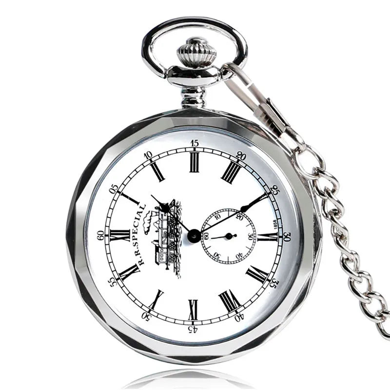 No-EN-Name-Null Adults Antique Roman Numeral Bronze Round Case Analog Display Round Acrylic Face Hand Winding Mechanical Vintage Railway Locomotive Train Design Metal Pendant Chain-Pocket Watches/Colors-Silver/White Bronze/Bronze