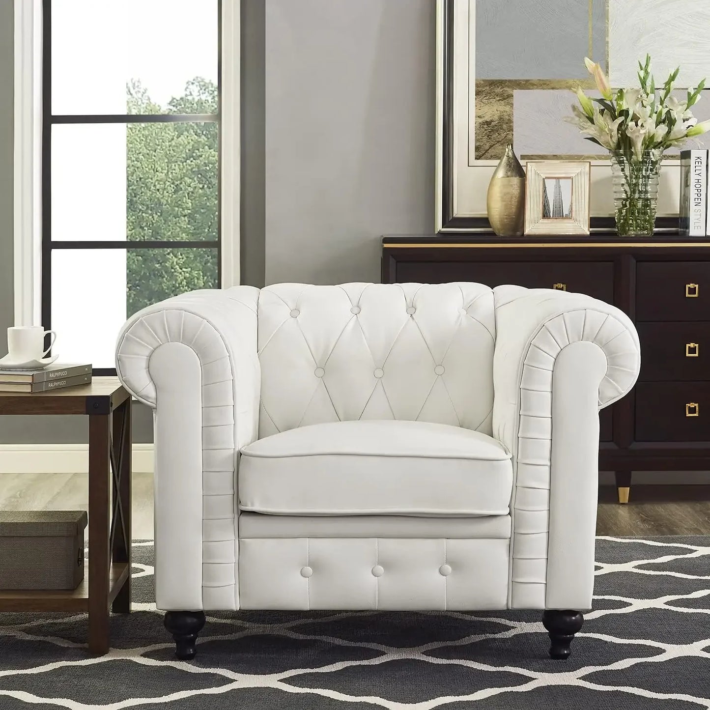 No-EN-Name-Null 3 PCS White Modern Medium Firm Upholstered Padded Chesterfield Lounge Solid Wood Framed Faux Leather Tufted Cotton Fabric Sofa Living Room Sets