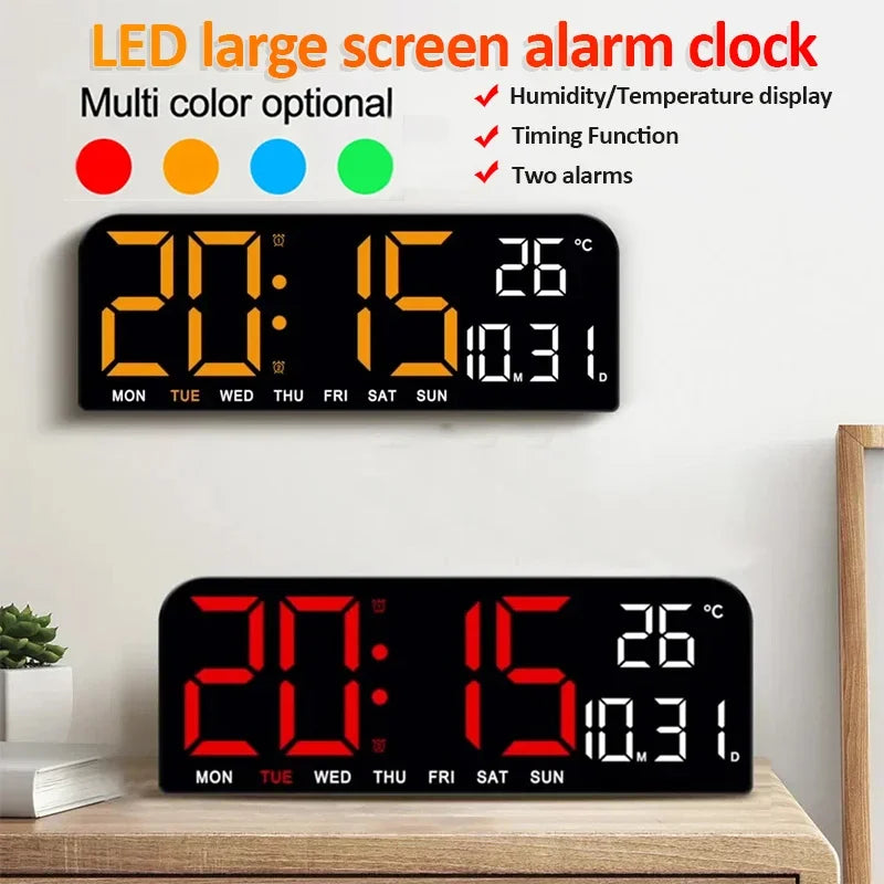 ABSTRACT Large Plastic Digital Temperature-Date-Week Display USB Countdown Wall-Mounted Dual Alarms LED Wall Clocks/Colors-Black/Geometric