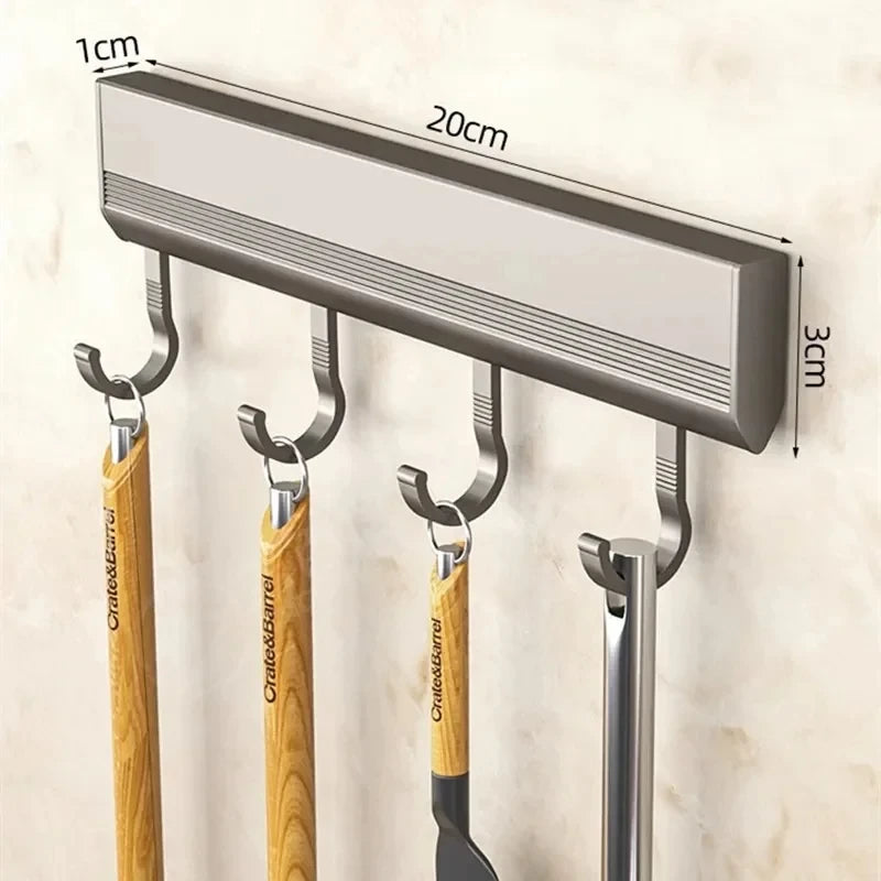 Kitchen Wall Mounted Sliver Gray Aluminum 4-10 Adjustable Inserted Rubber Rings Hooks Utensil Utility Racks/ Use Super Glue-Only Suitable For Smooth Non-Porous Surfaces