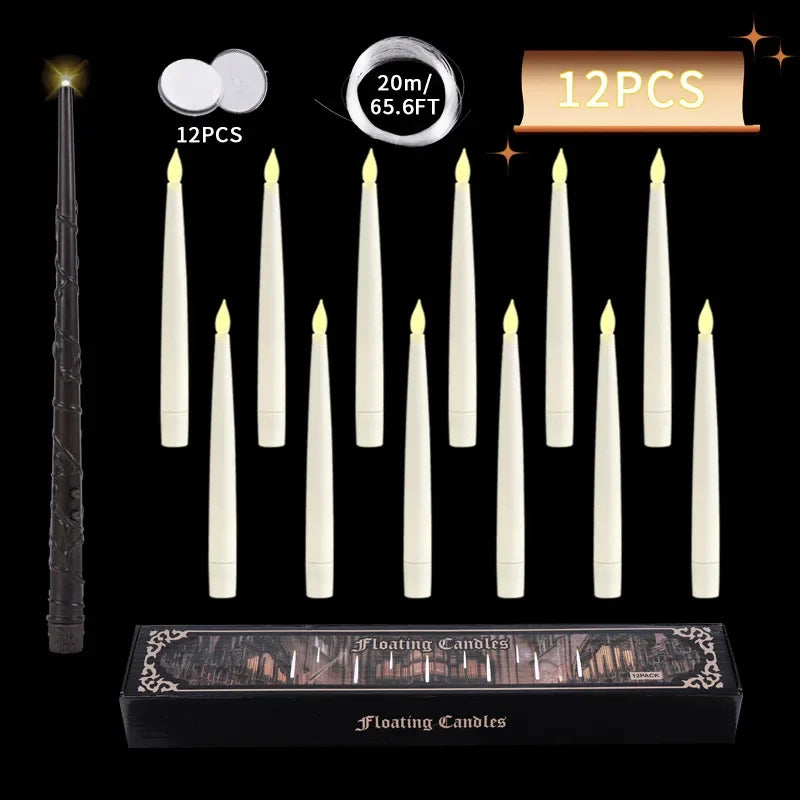 10-12 PCS Plastic LED White Cylindrical Magic Wand Remote Control Floating Flameless Candles/20m Fishing Line/10-12 Hooks/1 AA batteries (not included)/1 AAA battery (not included)