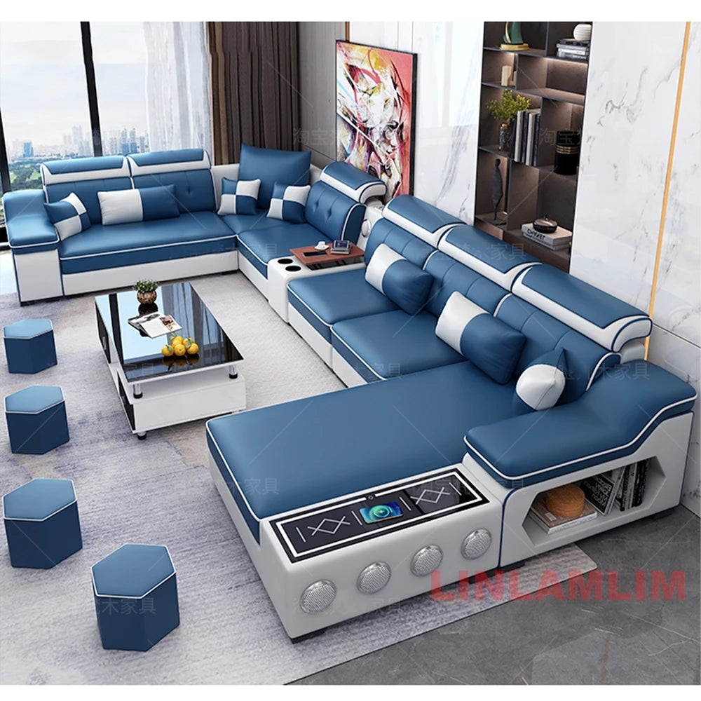 MANBAS Modern Gray U-Shape Corner Medium Firm Soft Comfortable Fabric Sectional Sofa Sets/ Chaise Lounge/ Bluetooth Speakers/ USB Charging Ports/4 Stools/Colors-Blue/Dark Blue/Dark Gray/Light Gray/Off White/Beige/NO Table