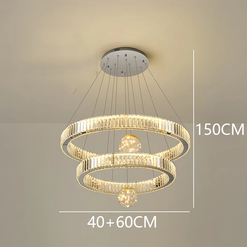 Modern Stainless Steel LED Warm Cool Twisted Ring Cord Pendant Hanging Crystal Chandelier Ceiling Lights/Dimming Remote Control/Touch On-Off/Colors-Gold/Silver