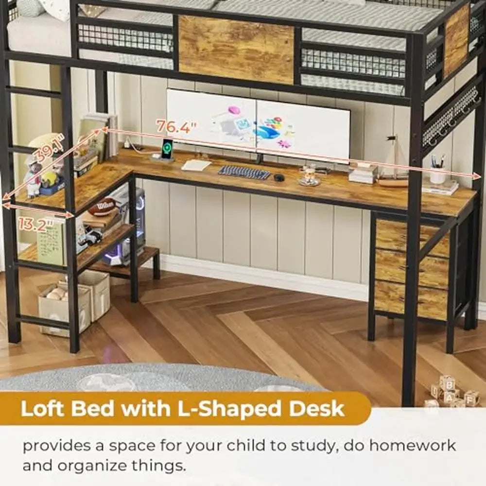 DUTRIEUX Polished Black Iron Mesh Metal Frame Twin Size Bunk Beds/Attached To L-Shaped Desk With RGB-LED Lights/ Charging Station/ Fabric Drawers/Shelves/ 400lbs Capacity/ Full-Length Raised Guardrails