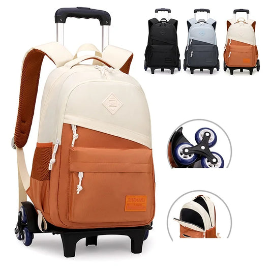 NULL No-EN-Name-Null Preppy Pullable Trolley Multicolor Nylon Fabric Flap Pocket Polyester Lining Metal Zippers Free-Standing Six Wheeled School Backpacks/Shoulder Straps-Handles/External Pockets/Colors-Black/Orange/Gray/Multicolor/Brown