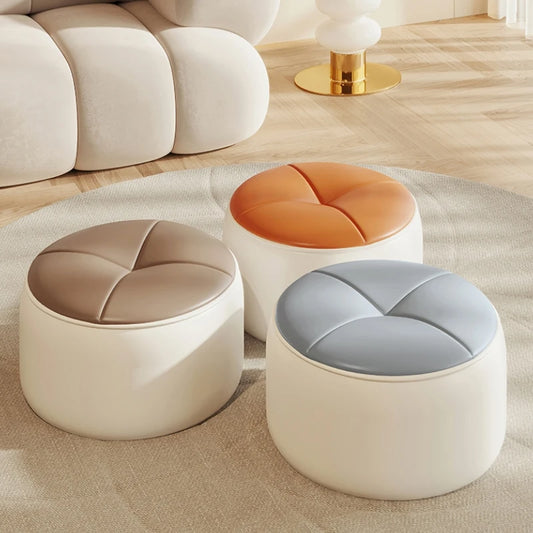 No-EN-Name-Null Modern Free-Standing Two-Toned Orange-White Round Shaped Solid Pine Customizable Faux Leather Cushions Ottomans/Colors-White/Beige/Orange/Assembly Required