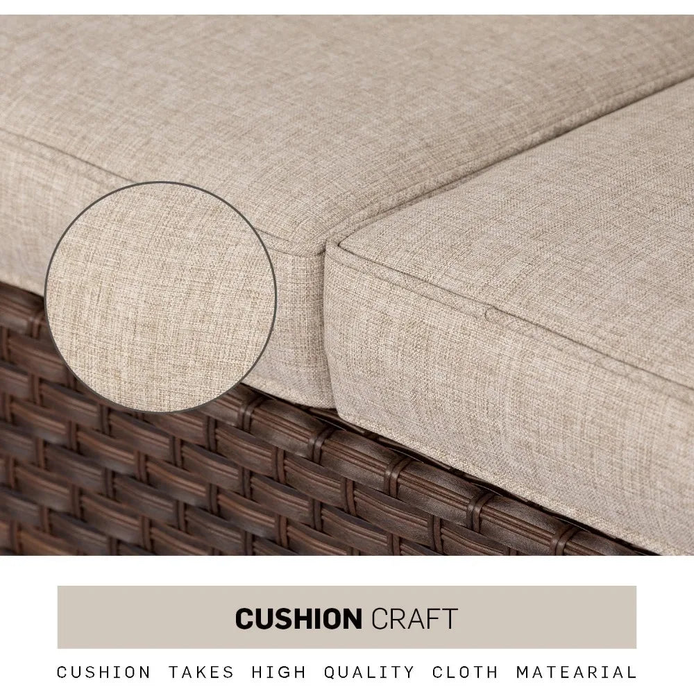 No-EN-Name-Null Outdoor Modern Manhattan Series 7-PCS All-Weather Brown Rattan Wicker Iron Metal Frame Patio Furniture Sets/2 Chairs /2 Ottoman/Loveseat /Glass Top End-Coffee Tables/ Striped Pillows/Colors-Beige/Brown/Striped/Multicolor