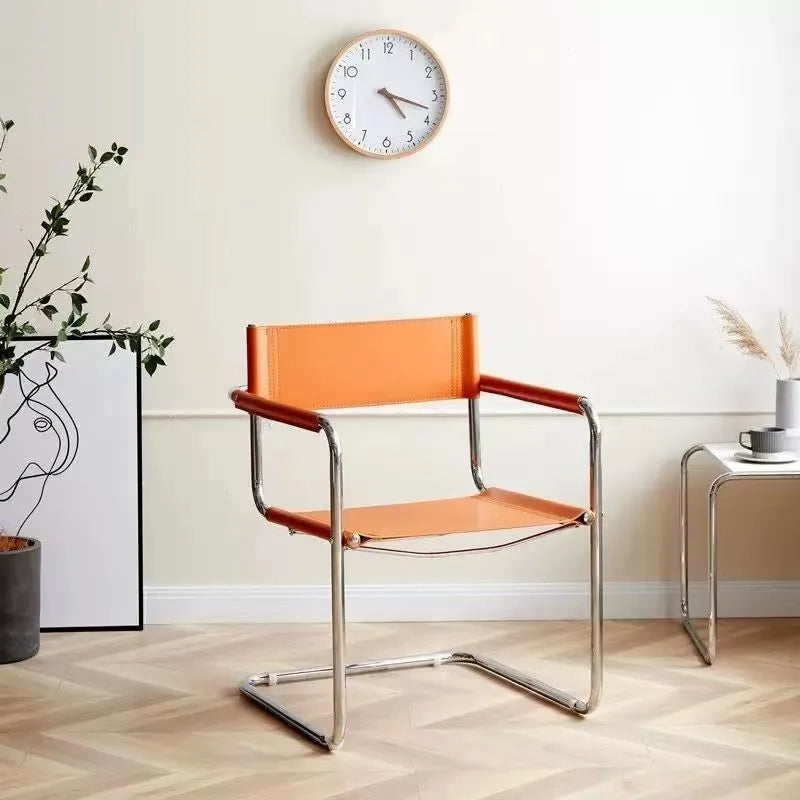 MLING Modern Silver Stainless Steel Metal Armchair Frame Orange Upholstered Padded Saddle Faux Leather Kitchen-Dining Room Chairs/Colors-Brown/White/Black/Red/Orange