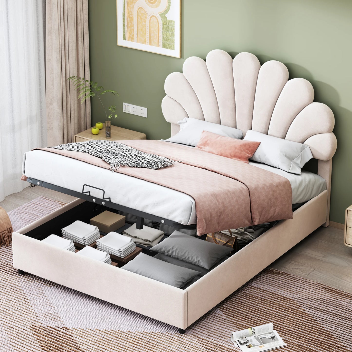 No-EN-Name-Null  Modern Upholstery Padded Flower Shaped Soft Velvet Headboard Platform Bed FRAMES / WITHOUT MATTRESS-DRAWER/ Headboard-Slats/Dimensions: 206cm L x 100cm W x 110.5cm H /Colors-Beige/Burgundy/Pink/ Load Capacity: 440.925 LBS