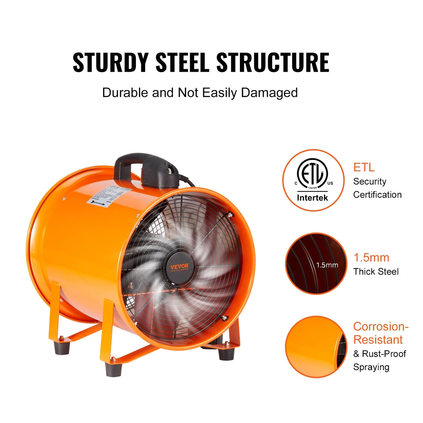 VEVOR Portable Two Gear Speed Round Orange Metal Industrial Cylinder Shaped AC-Powered Motor Exhaust Ventilation Fans/16.4 Feet Flexible Orange-Black PVC Duct Pipe Hoses Included/Power Cord 5.9 Feet Included
