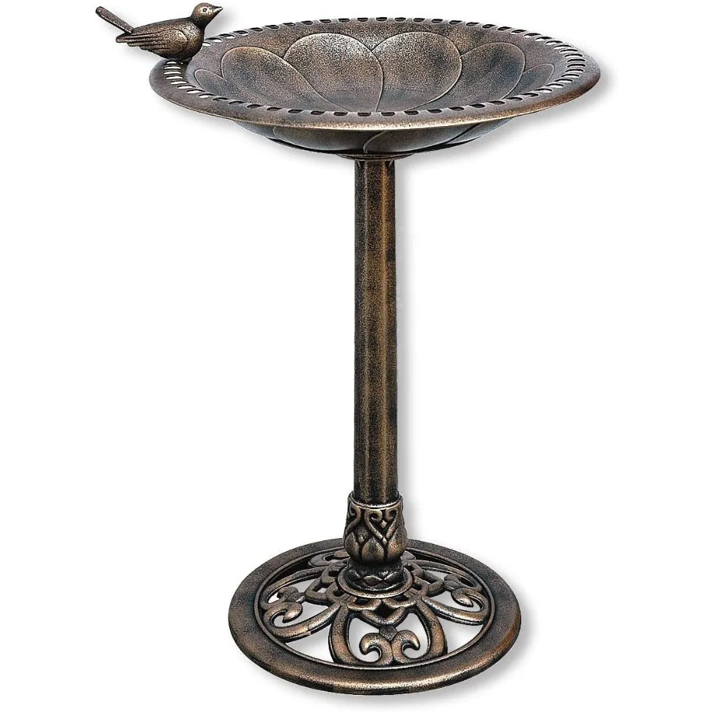 No-EN-Name-Null Outdoor Free-Standing Patio-Garden Weather-Fade Resistant One Decorative Bird On Polyresin Bronze Metal Finish Hallowed Out Scrollwork Base Bird Baths/Ground Stakes Included