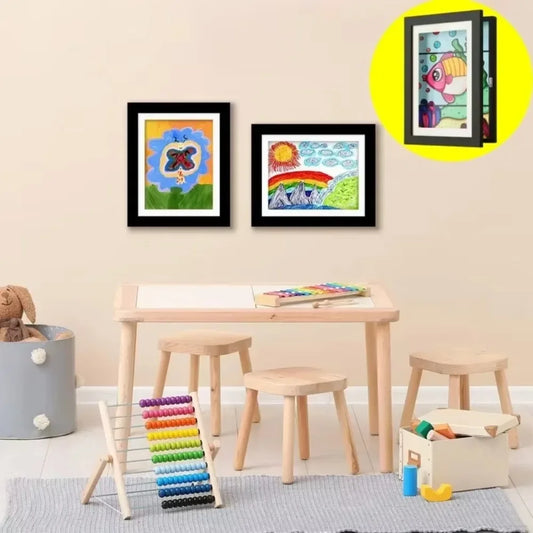 Kids Rectangle Wood Trim Acrylic Cover Artwork Display Magnetic Closure Picture Frames/Elastic Band/Colors-White/Black/Brown/Green/Pink