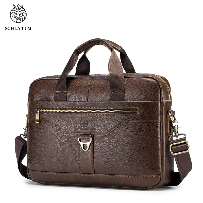 SCHLATUM Men Brown-Black Cowhide Leather Rectangle Shaped Two Handles-One Shoulder Strap Silver Metal Zipper Polyester Lining 15.6 Inch Single Laptop Compartment Briefcases /Colors-Black/Brown