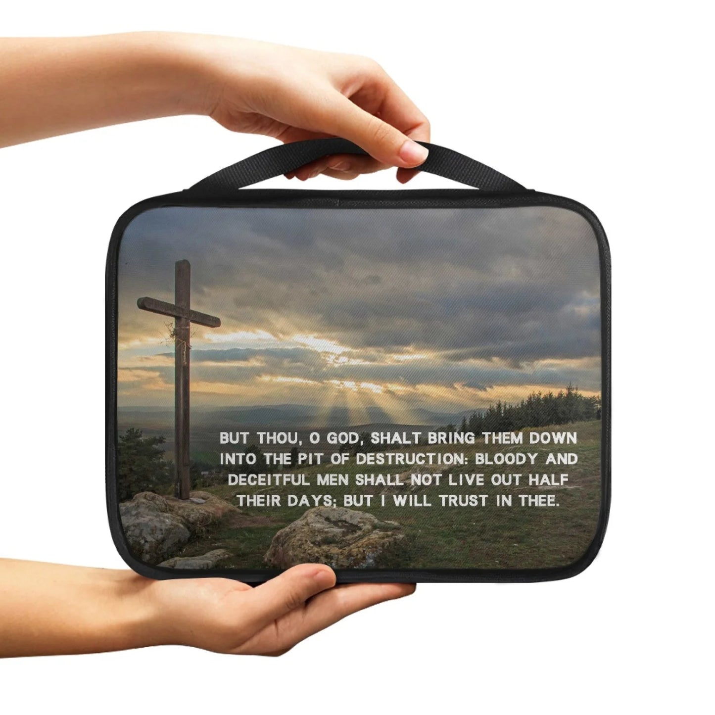 No-EN-Name-Null Religious Items Black Handle-Trim Polyester Fabric Rectangle Decorative Printed Cross-Psalms Bible Verses Theme Zippered Bible Covers/Many Bible Verses Styles/Handle