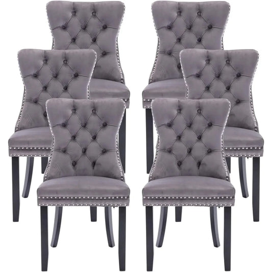 6pcs Gray Upholstered Modern High End Tufted Velvet Wingback Button Trim Back Dining Chairs Set