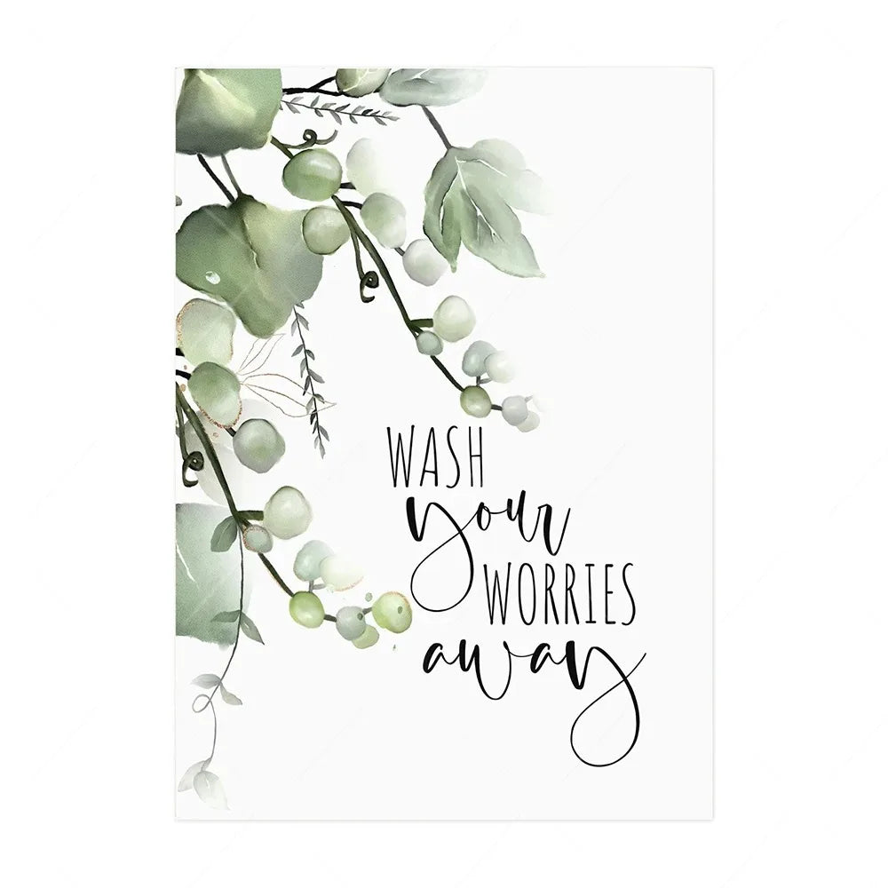No-EN-Name-Null Modern Waterproof Customized Size Unframed Rectangle HD Hand Printed Green Tropical Leaves Design Black Letter Writing Saying-Wash Your Worries Away-Relax-Bathroom Quote Wall Art Prints/Colors-Green/White/Multicolor/Floral