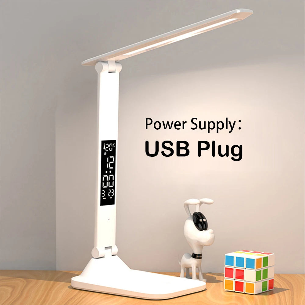 No-EN-Name-Null Smart LCD Display-Temperature-Time-Date Touch Switch Stepless Dimmable Warm-Cool White LED Lights White Plastic Rectangle Shaped Flat Head Long Stem Body-Base Desk Lamps