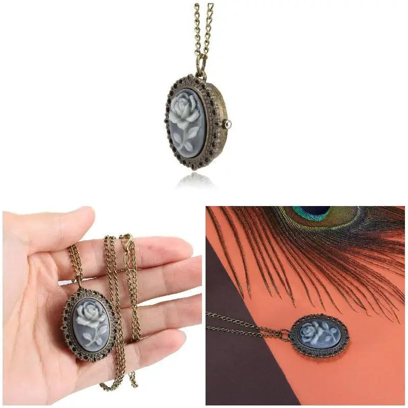 No-EN-Name-Null Women Bronze Metal Alloy Small Oval Case Arabic Numeral Analog Display Quartz Floral Carved Rose Necklace Chain-Pocket Watches