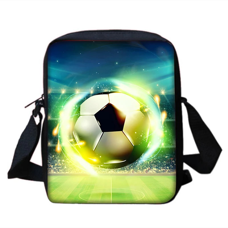 MINISO Kids 3 PCS Large Waterproof Nylon Fabric Zippers Exterior Pockets Printed-Burning Flames Soccer Ball Design Curved Back Shoulder Straps-Handle Sports IPAD Compartment School Backpacks/Color-Black/White/Blue/Multicolor