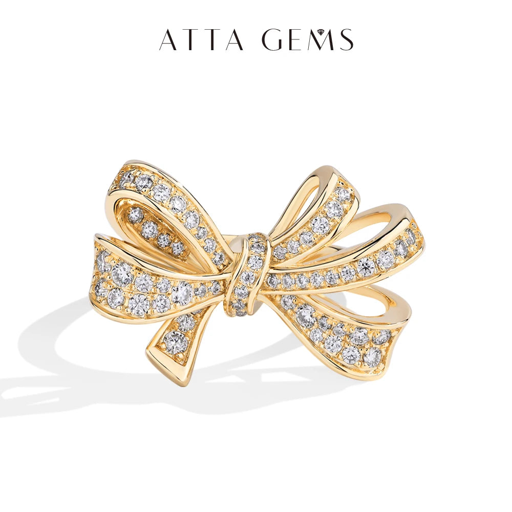 ATTAGEMS Sterling Silver 18K Gold-Plated Bow-Knot Shaped Gold-Silver Full Moissanite Shiny Clear White Imitation Diamond Stones Prong Wedding Solitaire Bands Rings/Colors-Silver/Gold/White