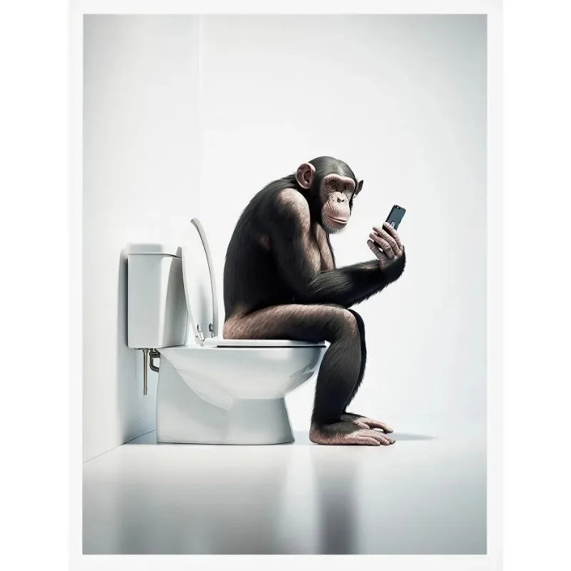 No-EN-Name-Null Modern Waterproof Handprinted Unframed Canvas Rectangle Shaped Abstract Funny Humorous Animals Bathroom Human-Like Sitting On The Toilet Wall Art Prints /Colors-White/Multicolor/Animals/Gray